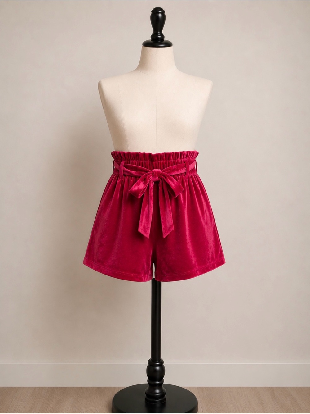 JODIFL High-Waist Velvet Paperbag Shorts in Berry